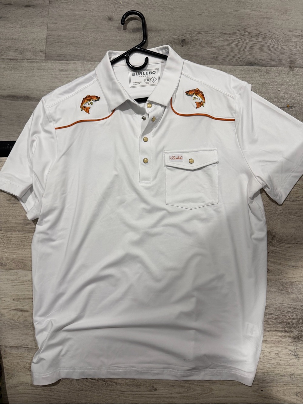 BURLEBO White Short-Sleeve Fishing Polo with Orange Accents